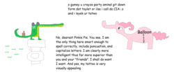 Size: 2652x1132 | Tagged: safe, gummy, pinkie pie, g4, beer, comic sans, dialogue, drink, drugs, ms paint, stylistic suck, tattoo, text, toilet