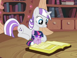 Size: 3200x2400 | Tagged: safe, artist:beavernator, twilight sparkle, twilight velvet, pony, g4, baby, baby pony, babylight sparkle, diaper, foal, high res, mother and daughter, reading