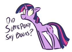 Size: 661x481 | Tagged: safe, artist:owl-eyes, twilight sparkle, pony, unicorn, g4, book, derp, english, female, full body, mare, pinpoint eyes, side view, simple background, solo, that pony sure does love books, unicorn twilight, white background