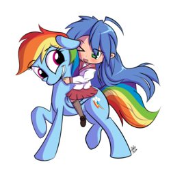 Size: 1280x1280 | Tagged: safe, artist:squiby-327, rainbow dash, human, pegasus, pony, g4, clothes, crossover, female, hug, humans riding ponies, izumi konata, lucky star, mare, riding, school uniform, simple background, transparent background, wink