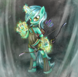 Size: 900x887 | Tagged: safe, artist:munadrake, lyra heartstrings, pony, g4, archery, arrow, bipedal, bow (weapon), bow and arrow, female, looking at you, magic, magic hands, solo