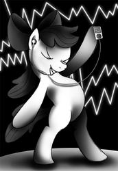 Size: 550x800 | Tagged: safe, artist:jamescorck, apple bloom, earth pony, pony, g4, bipedal, black and white, eyes closed, female, grayscale, ipod