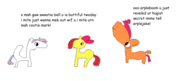 Size: 968x448 | Tagged: safe, apple bloom, scootaloo, sweetie belle, g4, comic sans, cutie mark crusaders, dialogue, ms paint, stylistic suck, text