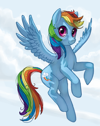 Size: 555x700 | Tagged: safe, artist:dimespin, rainbow dash, pegasus, pony, g4, cloud, female, flying, looking at you, mare, sky, smiling, solo