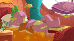 Size: 2880x1620 | Tagged: safe, artist:equestria-prevails, spike, dragon, g4, bed, book, claws, crossed legs, eyes closed, male, older, sleeping, solo, teenage spike, teenaged dragon, underfoot