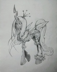 Size: 957x1205 | Tagged: safe, artist:discommunicator, queen chrysalis, changeling, changeling queen, g4, crown, female, jewelry, monochrome, regalia, transparent wings, wings