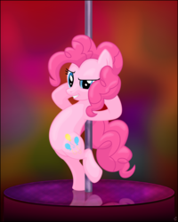 Size: 4000x5000 | Tagged: safe, artist:stinkehund, pinkie pie, earth pony, pony, g4, colorful background, female, mare, pole, pole dancing, sassy, sexy, solo, standing, standing on one leg