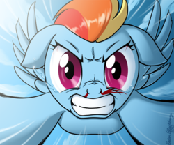 Size: 805x671 | Tagged: safe, artist:brianblackberry, rainbow dash, pegasus, pony, g4, action pose, blood, female, flying, fourth wall, gritted teeth, looking at you, mare, nosebleed, solo