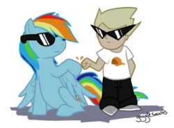 Size: 500x367 | Tagged: dead source, safe, artist:gogglesaurus, rainbow dash, human, pegasus, pony, g4, crossover, dirk strider, fist bump, homestuck, hoofbump, sunglasses