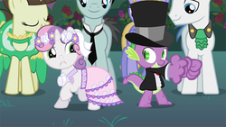 Size: 500x281 | Tagged: safe, artist:capnpea, edit, edited screencap, screencap, spike, sweetie belle, dragon, pony, unicorn, a canterlot wedding, g4, season 2, female, filly, fimbriae, funny, hat, inverted mouth, lol, photoshop, shipping denied, top hat, wat, yaoi hands