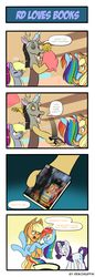 Size: 660x1914 | Tagged: safe, artist:reikomuffin, applejack, berry punch, berryshine, derpy hooves, discord, rainbow dash, rarity, draconequus, earth pony, pegasus, pony, unicorn, g4, 4 panel comic, 4koma, bipedal, blushing, book, bridal carry, censored, comic, discord the shipper, female, grin, holding a pony, lesbian, mosaic censor, open mouth, ship:appledash, shipping, smiling, speech bubble, standing, talking, wink