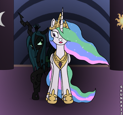 Size: 900x842 | Tagged: dead source, safe, artist:skunk412, princess celestia, queen chrysalis, alicorn, changeling, changeling queen, pony, g4, crown, female, jewelry, lesbian, regalia, ship:chryslestia, shipping
