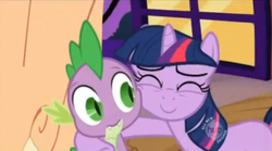 Size: 474x263 | Tagged: safe, screencap, spike, twilight sparkle, dragon, pony, unicorn, g4, female, hug, male, mare