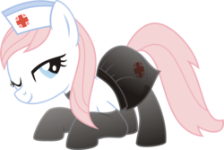 Size: 2994x1999 | Tagged: safe, artist:leopurofriki, nurse redheart, earth pony, pony, g4, clothes, face down ass up, female, helloooooo nurse, mare, one eye closed, seductive pose, simple background, solo, stockings, transparent background, wink