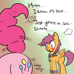 Size: 650x650 | Tagged: safe, artist:serendipity-kitty, pinkie pie, scootaloo, pegasus, pony, bent over, blushing, bracelet, butt, collar, cutie mark, cutie mark collar, dialogue, eyes on the prize, female, lesbian, lesboloo, looking at butt, mare, nosebleed, pendant, pet tag, plot, raised tail, scootapie, shipping, tail, wingboner