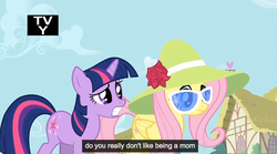 Size: 922x513 | Tagged: safe, screencap, fluttershy, twilight sparkle, g4, preggoshy, youtube caption