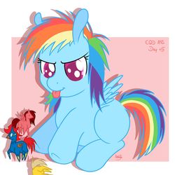 Size: 900x900 | Tagged: safe, artist:akashasi, rainbow dash, pegasus, pony, g4, female, filly, playing, signature, sitting, solo, tongue out, toy