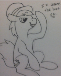 Size: 396x496 | Tagged: safe, artist:frankieg2233, caesar, count caesar, pony, g4, hat, male, monochrome, sitting, solo, top hat, traditional art