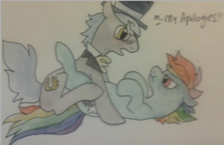 Size: 517x334 | Tagged: safe, artist:frankieg2233, caesar, count caesar, rainbow dash, earth pony, pony, g4, :t, awkward, blushing, eye contact, female, floppy ears, glare, hat, mare, monocle and top hat, on back, open mouth, ship:caesardash, traditional art