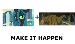 Size: 1008x600 | Tagged: safe, queen chrysalis, changeling, changeling queen, g4, all caps, exploitable meme, female, futurama, make it happen, male, meme, meta, slurm queen