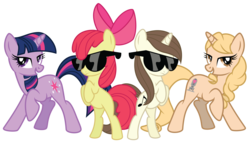 Size: 7000x4000 | Tagged: safe, artist:midnight--blitz, apple bloom, twilight sparkle, earth pony, pony, unicorn, g4, female, mare, michelle creber, ponified, simple background, sunglasses, tara strong, transparent background, unicorn twilight, vector, wip