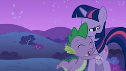 Size: 960x540 | Tagged: safe, screencap, spike, twilight sparkle, dragon, pony, unicorn, g4, eyes closed, female, hug, male, mare