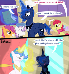 Size: 3000x3206 | Tagged: safe, artist:dazed-and-wandering, apple bloom, princess celestia, princess luna, scootaloo, sweetie belle, alicorn, earth pony, pegasus, pony, unicorn, g4, applebuck, book, comic, cooking, cutie mark crusaders, day, eyes closed, glasses, high res, prince artemis, prince solaris, royal brothers, rule 63, scooteroll, silver bell, this will end in tears and/or breakfast