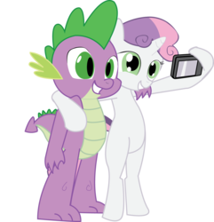 Size: 1214x1260 | Tagged: safe, artist:hoodie-stalker, spike, sweetie belle, dragon, pony, unicorn, g4, bipedal, camera, duo, female, filly, male, phone, selfie, ship:spikebelle, shipping, simple background, straight, teeth, transparent background, vector