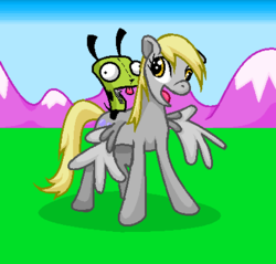 Size: 412x394 | Tagged: safe, artist:notallbrony, derpy hooves, pegasus, pony, g4, crossover, duo, female, gir, invader zim, mare, mountain, smiling, standing