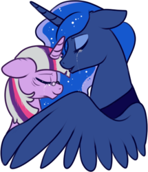 Size: 378x440 | Tagged: safe, artist:lulubell, princess luna, twilight sparkle, g4, crying, duo, female, hug, immortality blues, lesbian, mortal twilight, old, ship:twiluna, shipping, simple background, transparent background, winghug