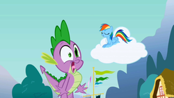 Size: 1023x575 | Tagged: safe, screencap, rainbow dash, spike, pegasus, pony, g4, griffon the brush off, my little pony: friendship is magic, cloud, startled