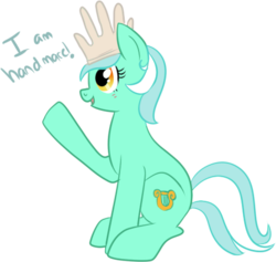 Size: 452x429 | Tagged: safe, artist:lulubell, lyra heartstrings, pony, unicorn, g4, dialogue, female, gloves, open mouth, raised hoof, simple background, sitting, smiling, solo, transparent background