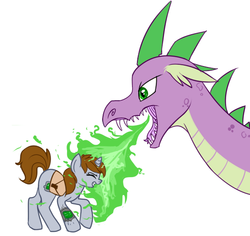 Size: 555x525 | Tagged: safe, artist:lulubell, spike, oc, oc:littlepip, dragon, pony, unicorn, fallout equestria, g4, duo, eyes closed, fanfic, fanfic art, female, fire, fire breath, mare, older, older spike, pipbuck, pipleg, saddle bag, simple background, teeth, white background