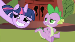 Size: 1023x575 | Tagged: safe, screencap, spike, twilight sparkle, dragon, pony, unicorn, g4, female, male, mare