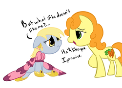 Size: 2338x1700 | Tagged: safe, artist:tess, carrot top, derpy hooves, golden harvest, pegasus, pony, g4, clothes, dress, female, mare