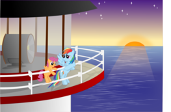 Size: 3058x2010 | Tagged: safe, artist:crimsonlynx97, rainbow dash, scootaloo, pegasus, pony, g4, bipedal, bipedal leaning, blank flank, evening, female, filly, foal, high res, leaning, lighthouse, mare, ocean, open mouth, railing, scootalove, stars, sunset, water