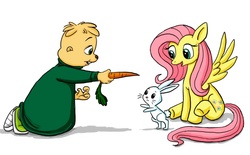 Size: 1000x619 | Tagged: safe, artist:boredstupid100, angel bunny, fluttershy, chipmunk, pegasus, pony, rabbit, g4, alvin and the chipmunks, animal, carrot, crossover, theodore seville