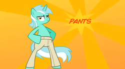 Size: 635x352 | Tagged: safe, lyra heartstrings, g4, clothes, female, i like pants, lyra doing lyra things, pants, youtube