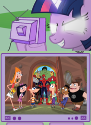 Size: 563x771 | Tagged: safe, twilight sparkle, human, pony, g4, baljeet tjinder, buford van stomm, candace flynn, crossover, exploitable meme, ferb fletcher, glowing eyes, glowing eyes twilight sparkle's tv meme, iron man, isabella garcia shapiro, legit, male, marvel, meme, phineas and ferb, phineas flynn, spider-man, the incredible hulk, thor, tv meme