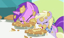 Size: 955x574 | Tagged: safe, screencap, amethyst star, dinky hooves, rarity, sparkler, sweetie belle, pony, unicorn, g4, sisterhooves social, animated, apple, apple pie, belle sisters, cartoon physics, contest, covered in mud, eating, eating contest, female, filly, foal, food, horn, hub logo, mare, not applejack, pie, siblings, sisterly sparkler, sisters, stuffing, swallowing, throat bulge
