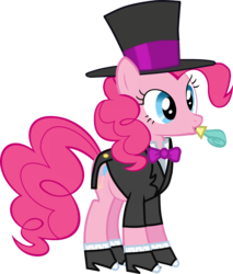 Size: 1600x1879 | Tagged: dead source, safe, artist:antaruv, pinkie pie, earth pony, pony, g4, party of one, bowtie, clothes, female, hat, mare, noisemaker, party horn, shoes, simple background, solo, spats, suit, top hat, transparent background, tuxedo, vector