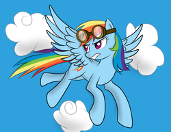 Size: 800x618 | Tagged: safe, artist:pustulioooooo, rainbow dash, pegasus, pony, g4, cloud, female, flying, goggles, mare, solo