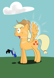 Size: 2377x3387 | Tagged: safe, artist:brentsienna, applejack, pegasus, pony, g4, energy drink, female, flapplejack, high res, mare, open mouth, red bull, red bull gives you wings, shocked, solo