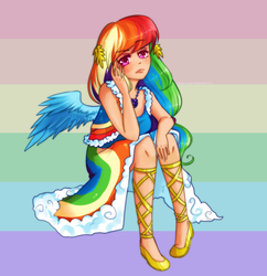 Size: 900x929 | Tagged: safe, artist:raidiance, rainbow dash, human, g4, clothes, dress, female, gala dress, humanized, solo, winged humanization