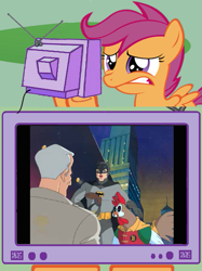 Size: 563x752 | Tagged: safe, scootaloo, pony, g4, 60s batman, abuse, adam west, animaniacs, batman, chicken boo, exploitable meme, meme, overused joke, overused meme, robin, scootabuse, scootachicken, scootaloo is not amused, tv meme, unamused