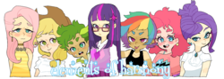 Size: 1280x455 | Tagged: safe, artist:tokimekiwaku, applejack, fluttershy, pinkie pie, rainbow dash, rarity, spike, twilight sparkle, human, g4, blushing, clothes, glasses, humanized, jewelry, mane seven, mane six, simple background, sweater, tan lines, thick eyebrows, transparent background