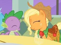 Size: 262x192 | Tagged: safe, screencap, applejack, spike, g4, the best night ever, clothes, dress, gala dress