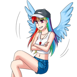 Size: 600x600 | Tagged: dead source, safe, artist:apzzang, rainbow dash, human, g4, belly button, blue wings, cap, clothes, confident, crossed arms, crossed legs, denim shorts, female, hat, humanized, long hair, midriff, multicolored hair, pink eyes, shorts, simple background, sitting, smiling, solo, spread wings, tank top, tomboy, transparent background, visor cap, whistle, winged humanization, wings