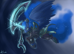 Size: 1776x1300 | Tagged: safe, artist:atryl, princess luna, alicorn, pony, g4, constellation, crossover, diana, diana the scorn of the moon, female, league of legends, mare, solo, warrior luna, weapon