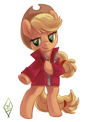 Size: 933x1200 | Tagged: safe, artist:whitediamonds, applejack, earth pony, pony, g4, bipedal, clothes, female, jacket, mare, solo